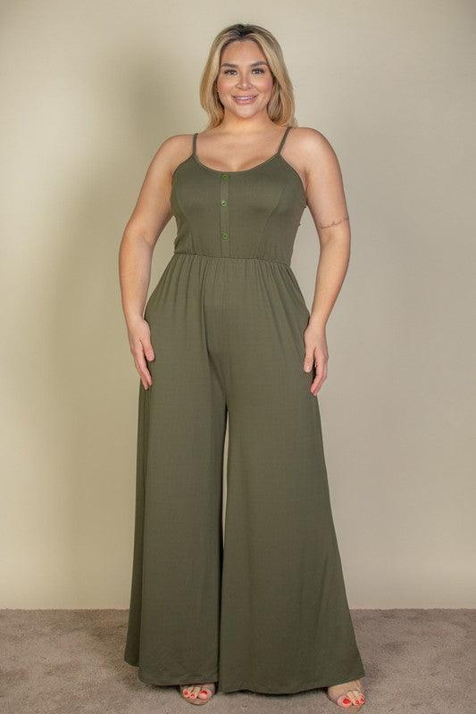 Plus Size Button Front Wide Leg Jumpsuit Olive