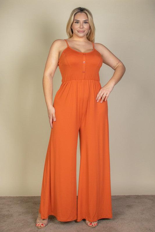 Plus Size Button Front Wide Leg Jumpsuit