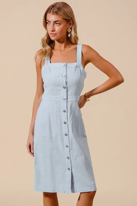 SO ME Button Down Pocket Front Pinafore Dress LT DENIM S