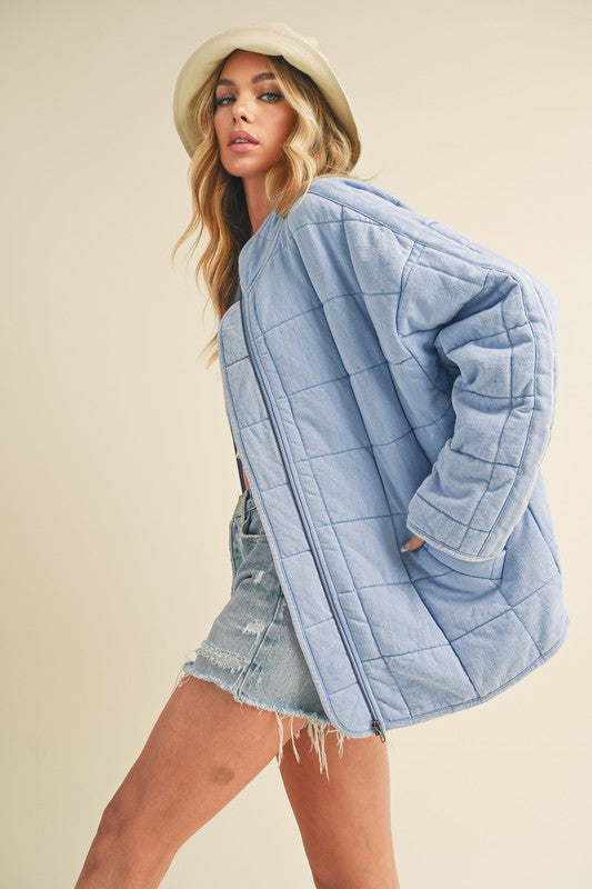 Light blue quilted Dixie Jacket with oversized fit and visible stitching