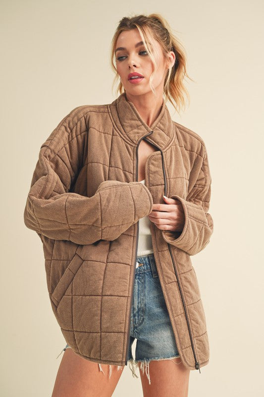 Tan Dixie Jacket: Quilted Suede with Stand-Up Collar and Zipper
