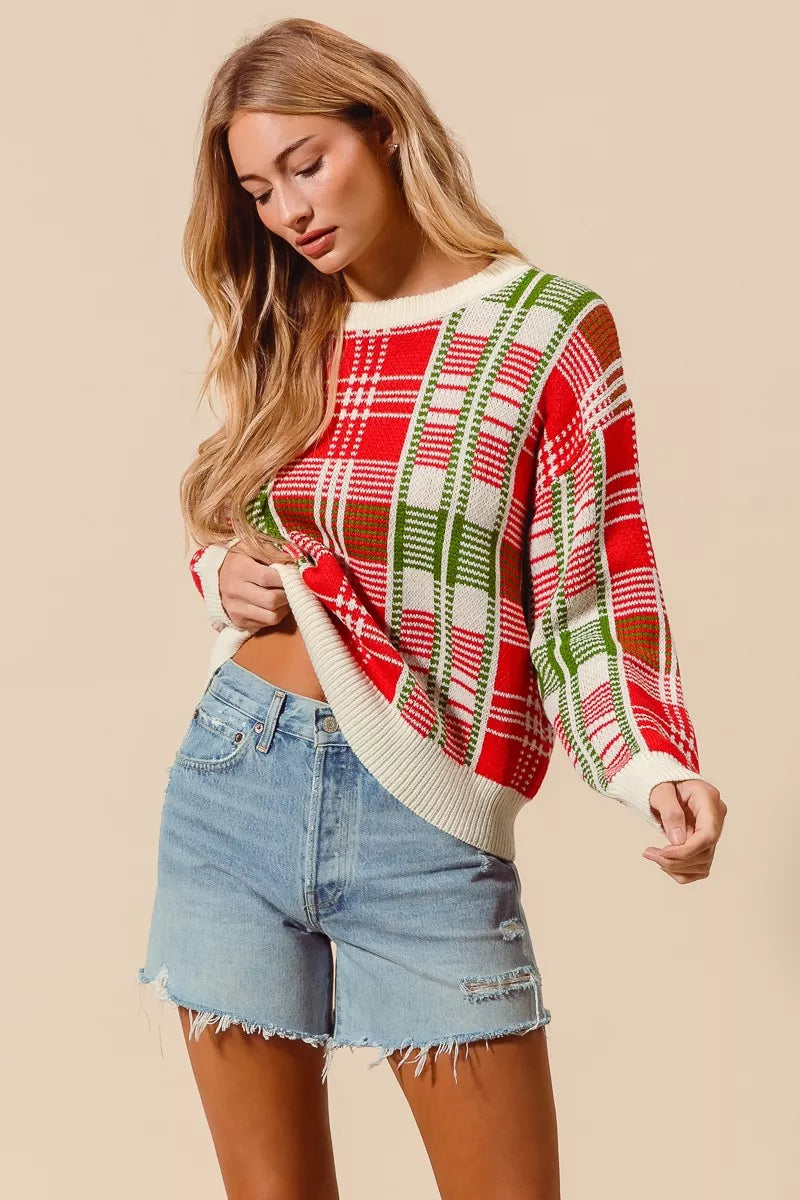 SO ME Christmas Color Checkered Plaid Crew Neck Sweater | Sweaters Daverri Fashions