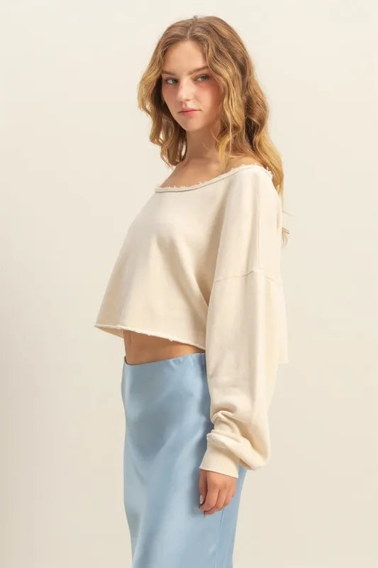 HYFVE Frayed Detail Boat Neck Long Sleeve Crop Top Tops