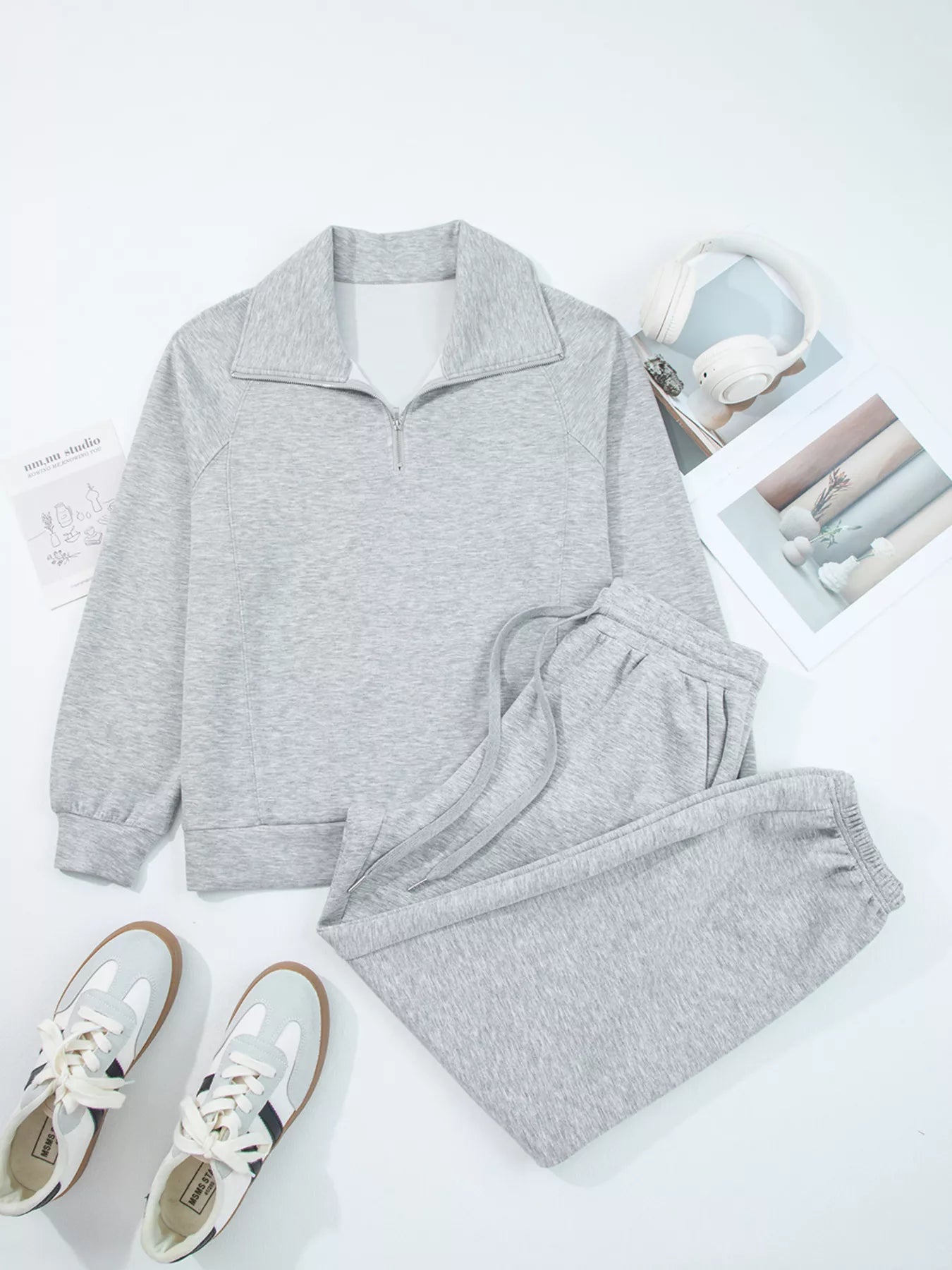 Zip Collar Long Sleeve Top and Drawstring Pants Set | Loungewear Sets Daverri Fashions