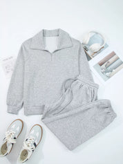 Zip Collar Long Sleeve Top and Drawstring Pants Set | Loungewear Sets Daverri Fashions