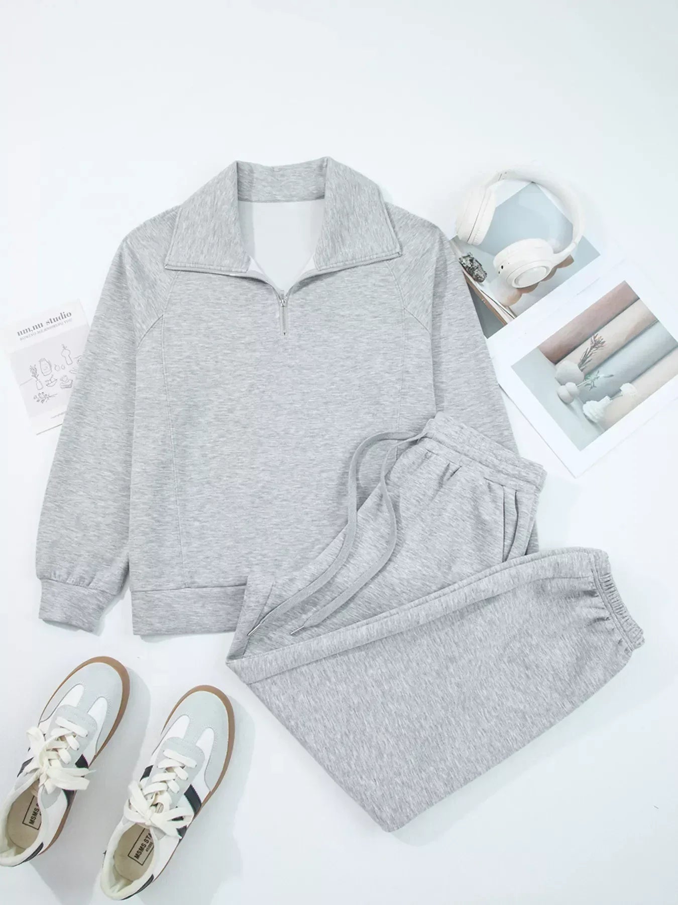 Zip Collar Long Sleeve Top and Drawstring Pants Set - DAVERRI FASHIONS