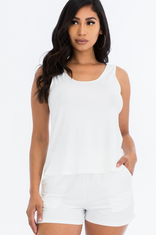 Basic Comfy Tank Top Mini Casual Shorts Set White Short Sets
