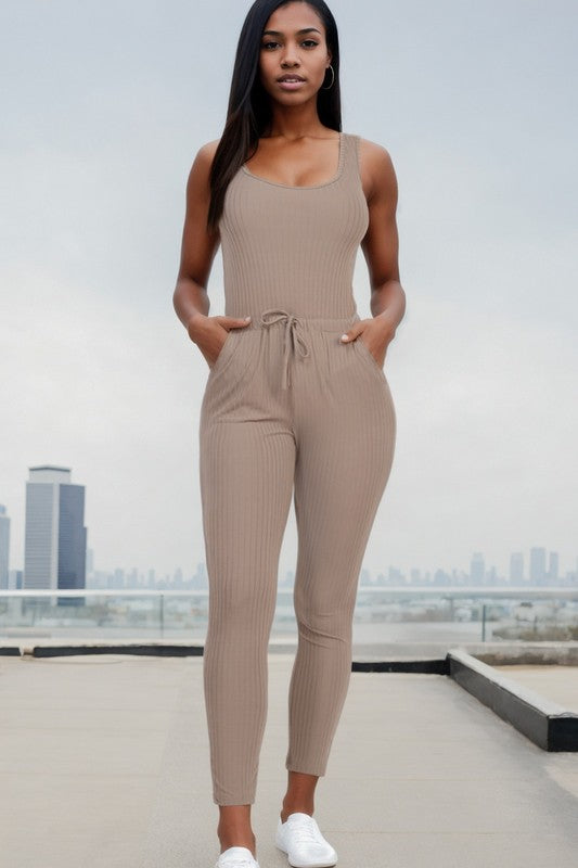 Ribbed Sleeveless Drawstring Jumpsuit Taupe Jumpsuits