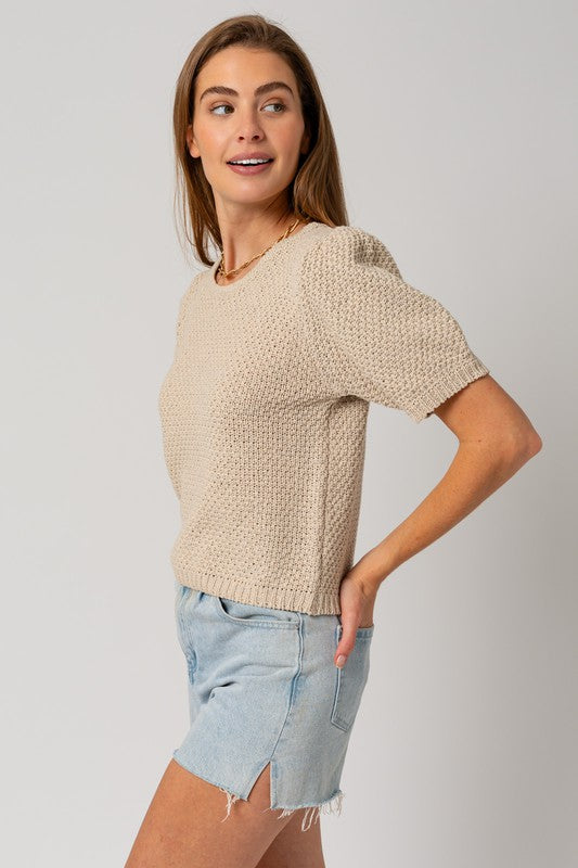 Gilli Puff Sleeve Round Neck Texture Sweater Top Sweaters