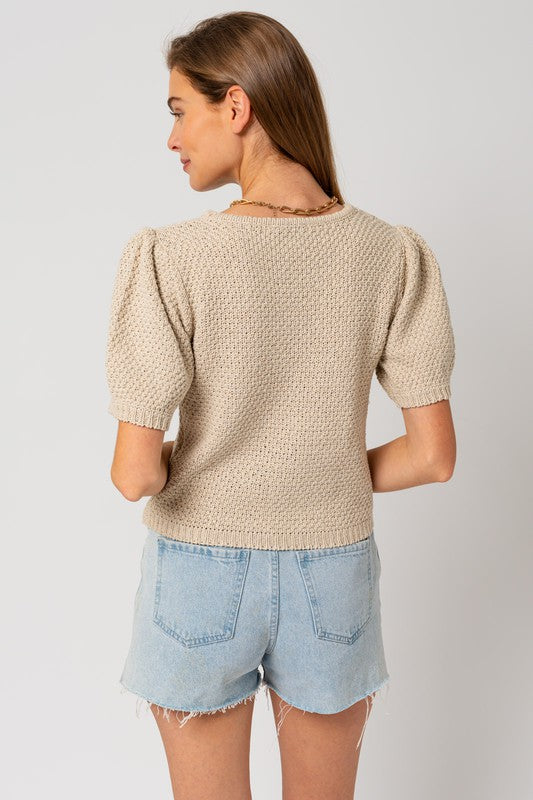 Gilli Puff Sleeve Round Neck Texture Sweater Top Sweaters