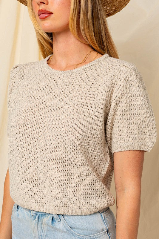 Gilli Puff Sleeve Round Neck Texture Sweater Top Sweaters