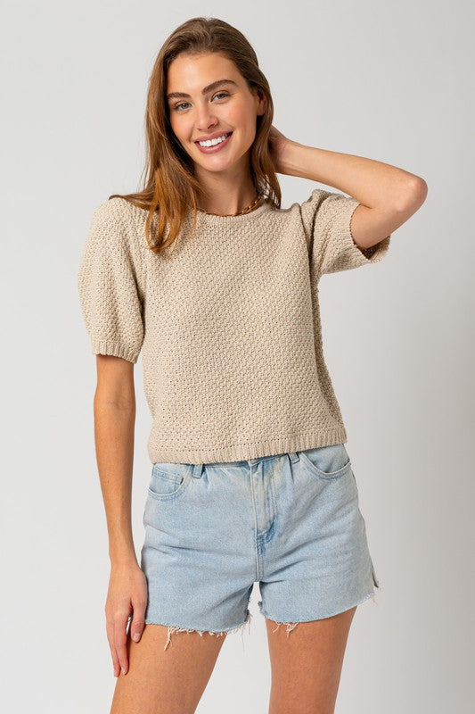 Gilli Puff Sleeve Round Neck Texture Sweater Top Sweaters