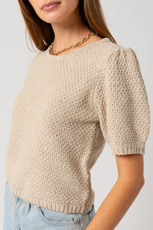 Gilli Puff Sleeve Round Neck Texture Sweater Top Sweaters