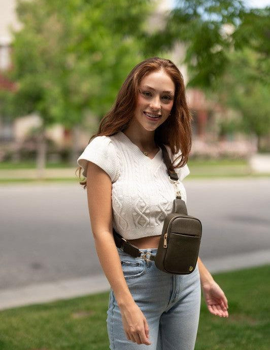 DARK KHAKI OLIVE 1 Pebbled Vegan Leather Phone Case Crossbody Belt Bag | Handbags Daverri Fashions