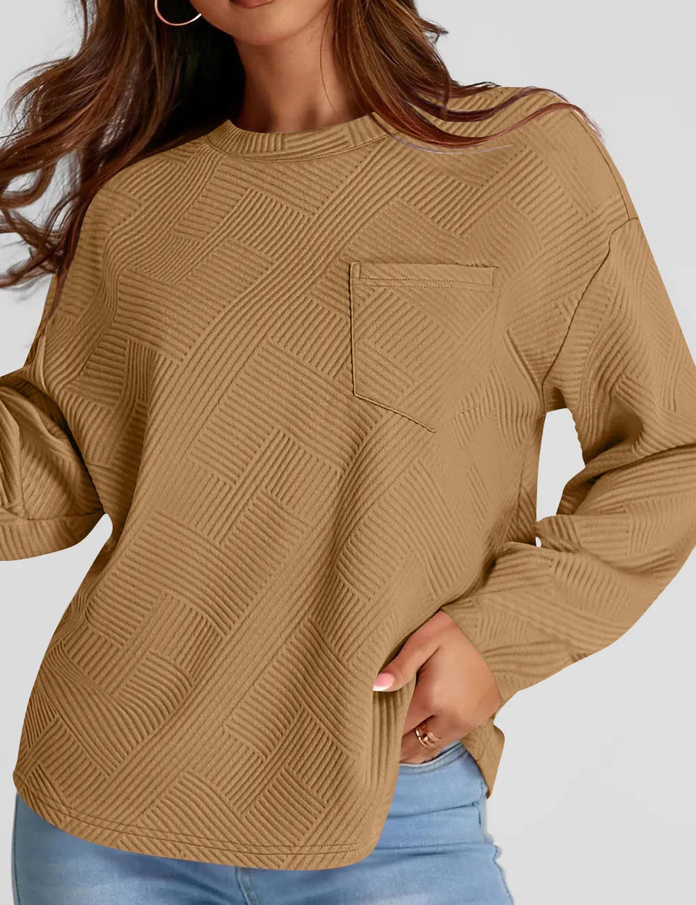 Full Size Texture Round Neck Long Sleeve Sweatshirt | Sweatshirts Daverri Fashions