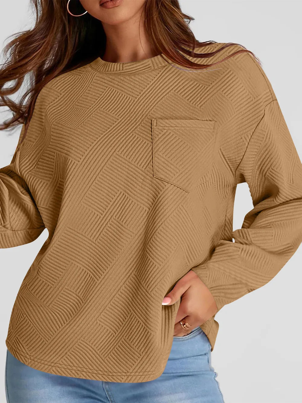 Full Size Texture Round Neck Long Sleeve Sweatshirt | Sweatshirts Daverri Fashions