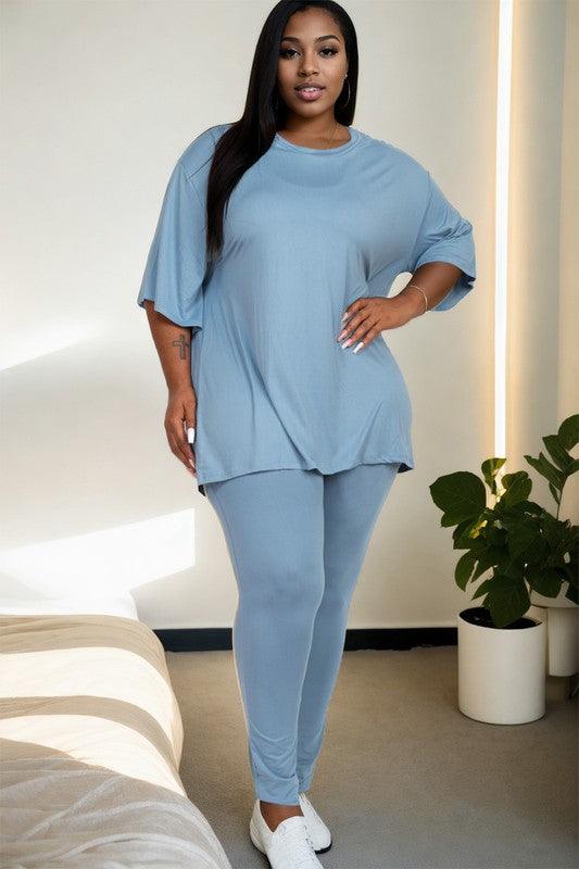 Plus Size Oversize T-Shirt & Leggings Set FADED DENIM Outfit Sets