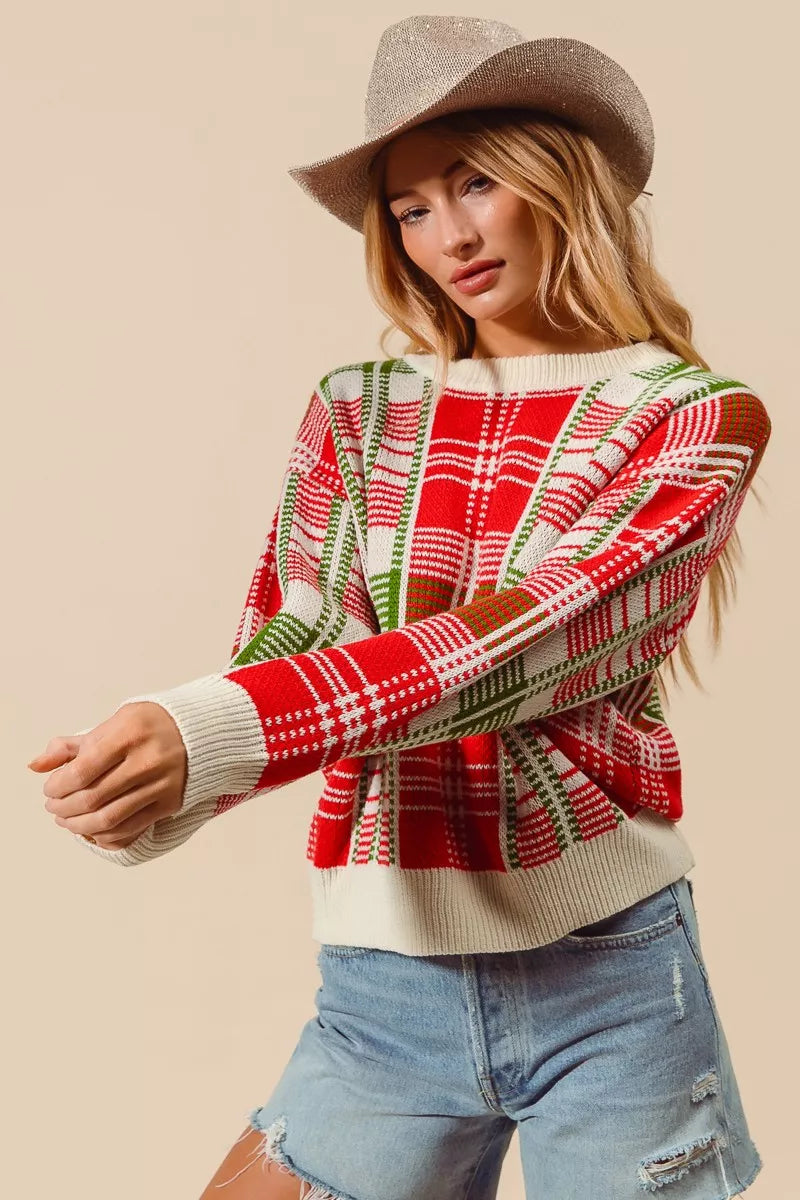 SO ME Christmas Color Checkered Plaid Crew Neck Sweater | Sweaters Daverri Fashions