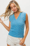 BiBi Blue Chevron Pointelle Pearl Knit Top - DAVERRI FASHIONS