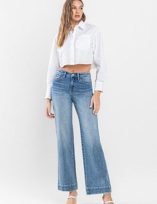 High Rise Trouser Hem Detail Wide Leg Jeans Pants