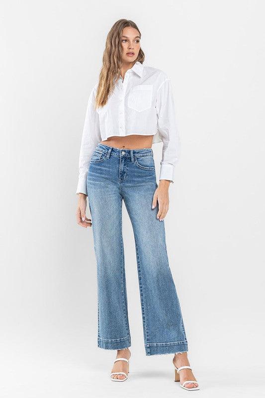 High Rise Trouser Hem Detail Wide Leg Jeans Pants