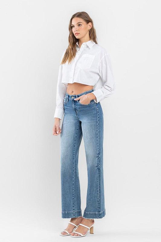 High Rise Trouser Hem Detail Wide Leg Jeans Pants