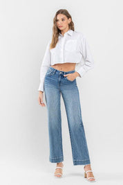 High Rise Trouser Hem Detail Wide Leg Jeans Pants