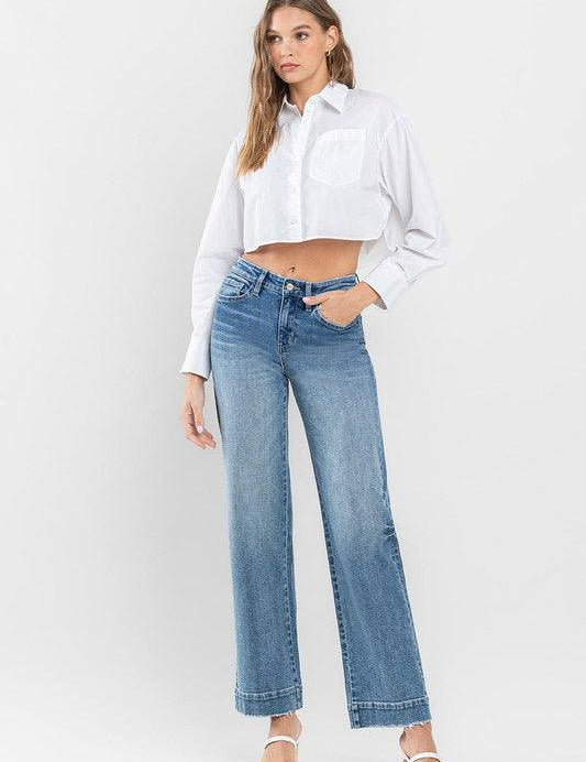 High Rise Trouser Hem Detail Wide Leg Jeans Pants