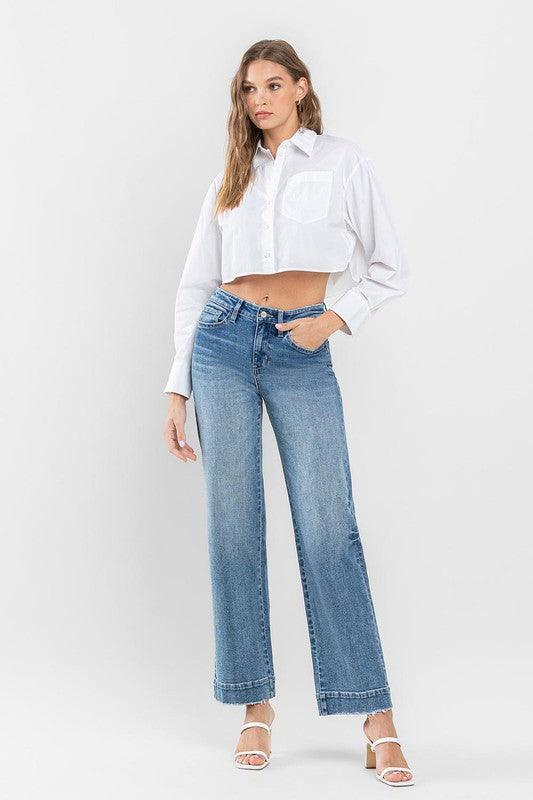 High Rise Trouser Hem Detail Wide Leg Jeans Pants