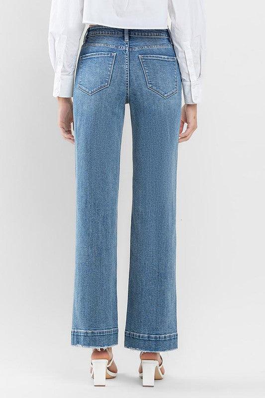 High Rise Trouser Hem Detail Wide Leg Jeans Pants