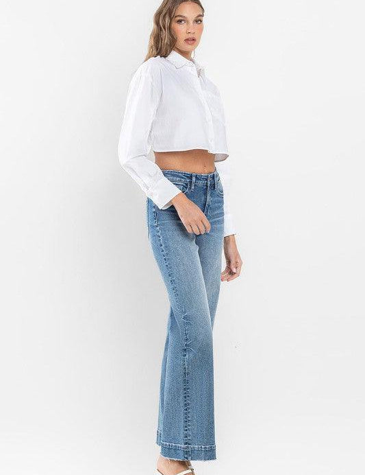 High Rise Trouser Hem Detail Wide Leg Jeans Pants