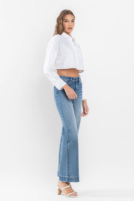 High Rise Trouser Hem Detail Wide Leg Jeans Pants