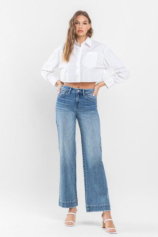 High Rise Trouser Hem Detail Wide Leg Jeans Pants