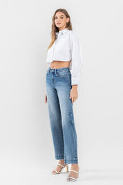 High Rise Trouser Hem Detail Wide Leg Jeans Pants