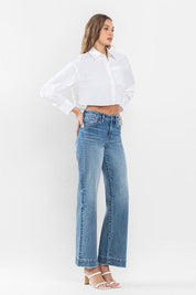 High Rise Trouser Hem Detail Wide Leg Jeans Pants