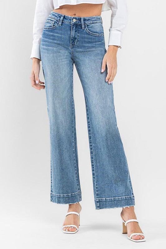 High Rise Trouser Hem Detail Wide Leg Jeans Pants