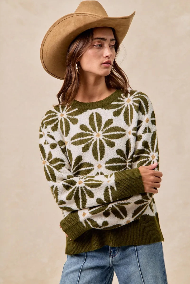 BiBi Flower Pattern Long Sleeve Sweater Olive | Sweaters Daverri Fashions