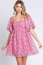 GeeGee Pink Sequin Floral Babydoll Mini Dress Babydoll Dresses