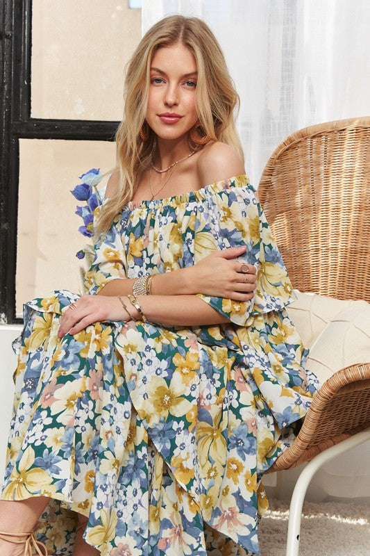 ADORA Layered Floral Off-Shoulder Short Sleeve Maxi Dress