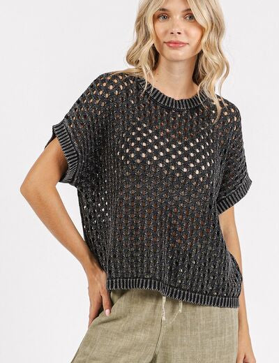 Mittoshop Mineral Wash Openwork Short Sleeve Knit Cover Up ASH BLACK Cover-Ups