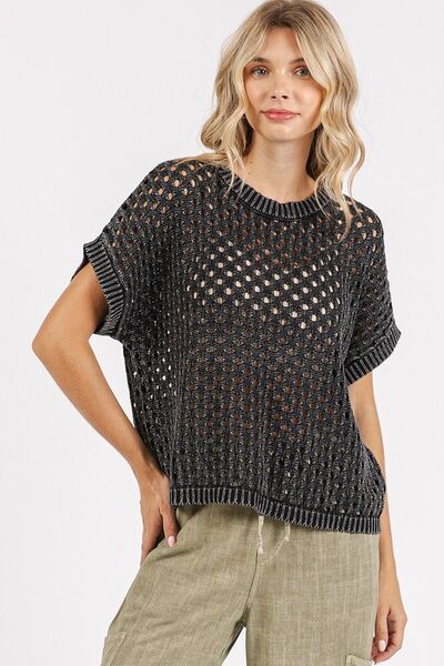 Mittoshop Mineral Wash Openwork Short Sleeve Knit Cover Up ASH BLACK Cover-Ups