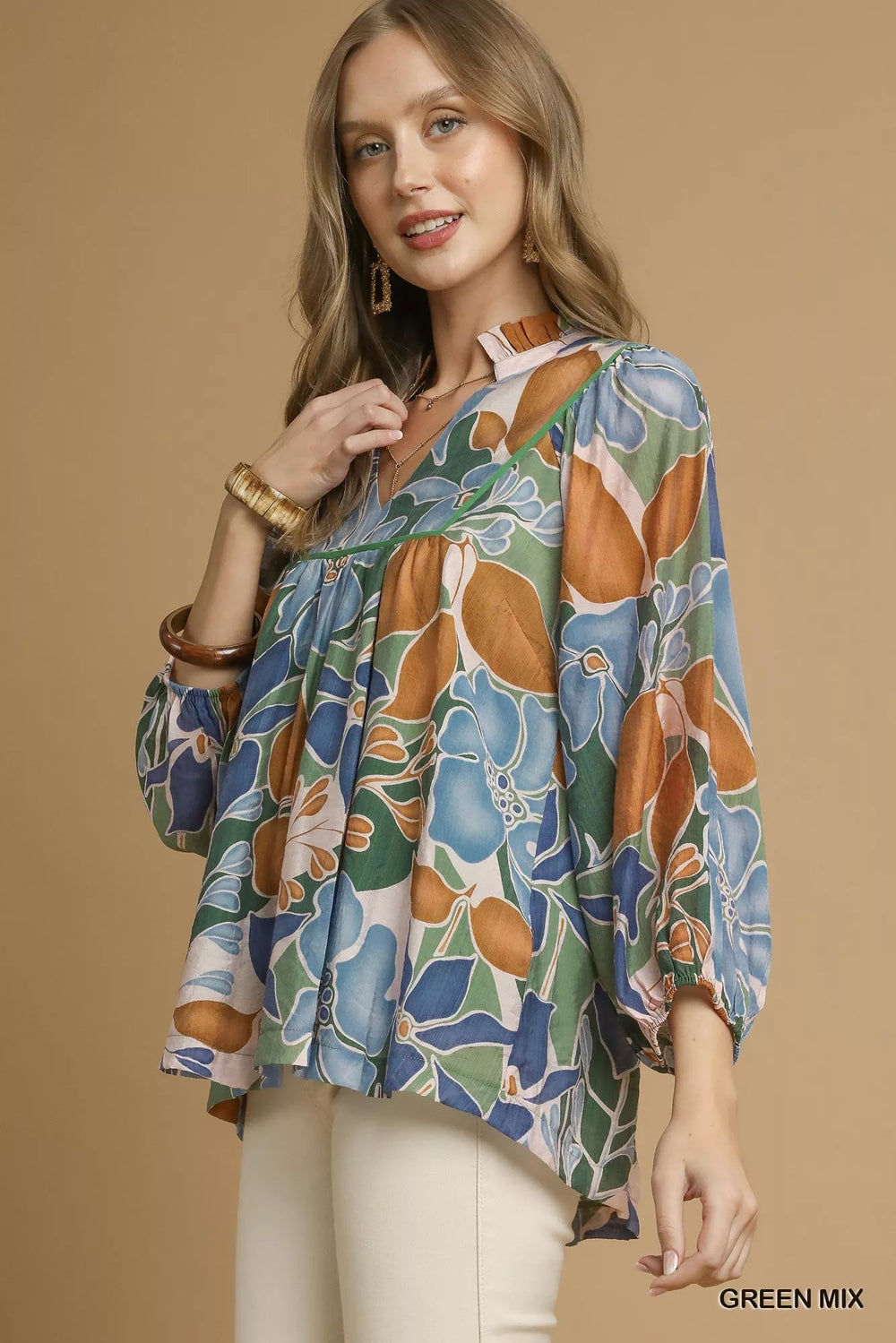 Umgee Multicolor Abstract Floral Print Blouse with Ruffle Neck | Blouses Daverri Fashions