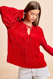 BiBi Christmas Theme Velvet Bow Tied Top With Neck Drop - DAVERRI FASHIONS