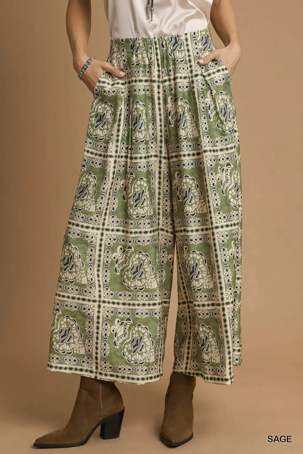 Sage Umgee Bohemian Print Pants with Pockets | Pants Daverri Fashions