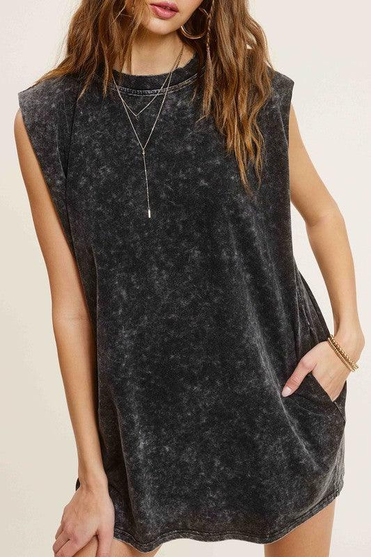 Mineral Washed Sleeveless Dress with Side Pockets Mini Dresses