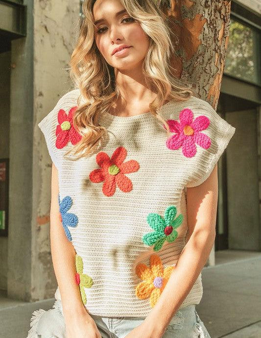 Crochet Flower Embroidery Knit Top Sweaters