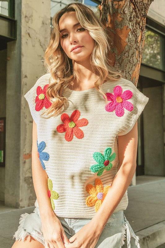 Crochet Flower Embroidery Knit Top Sweaters