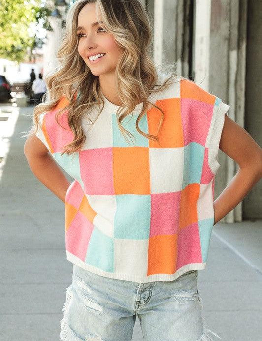 Multi-Color Checker Sweater Vest Sweaters