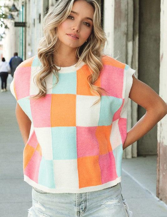 Multi-Color Checker Sweater Vest Sweaters