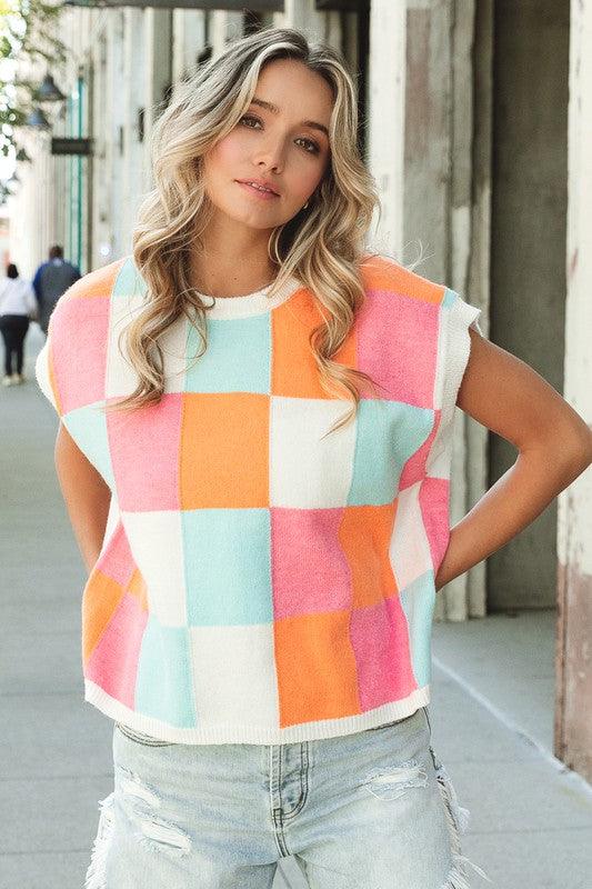 Multi-Color Checker Sweater Vest Sweaters
